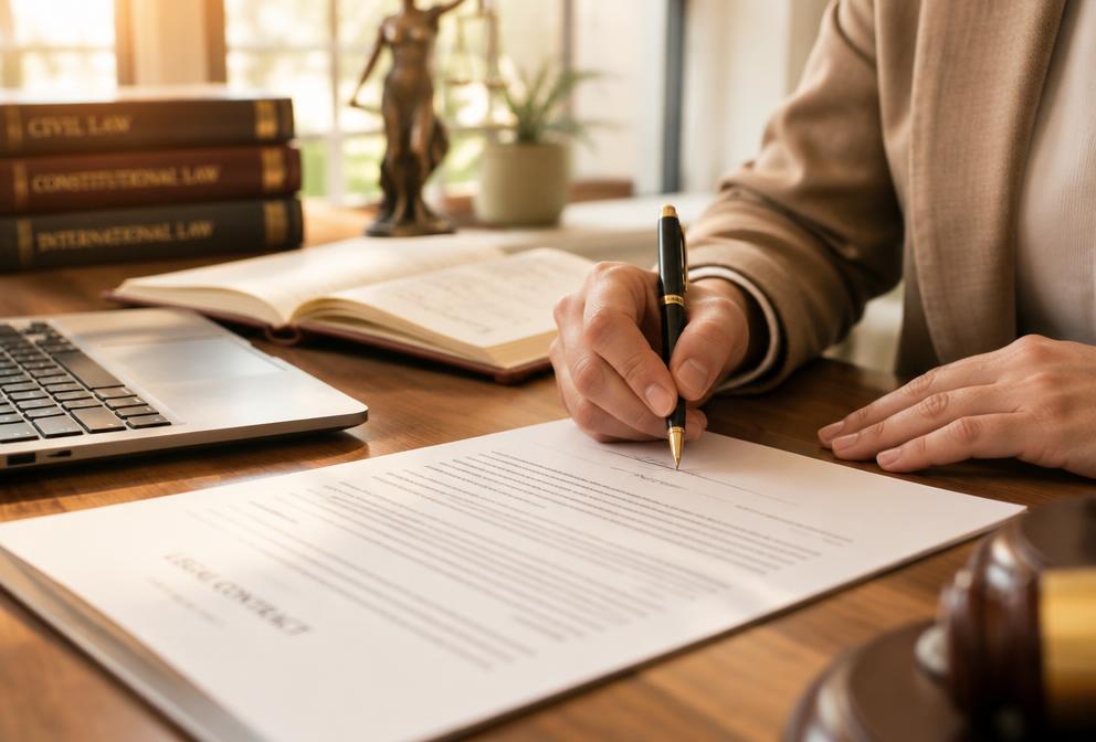 Mãos assinando documento em mesa de escritório