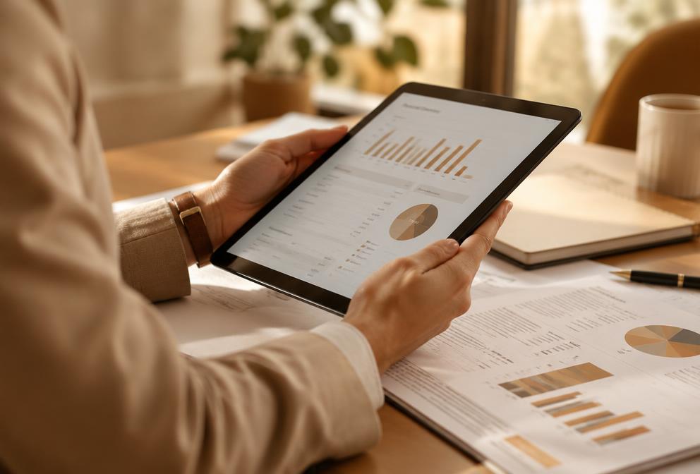 Mãos segurando tablet com documentos